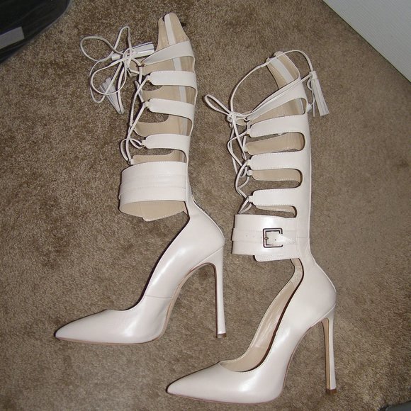 🔥 NEW size 8.5/39 Ganor Dominic Beige Leather Lace up Knee high Pumps - Picture 6 of 16